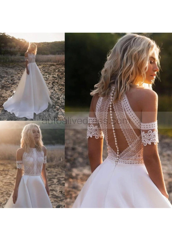 Ivory Lace Satin Boho Wedding Dress